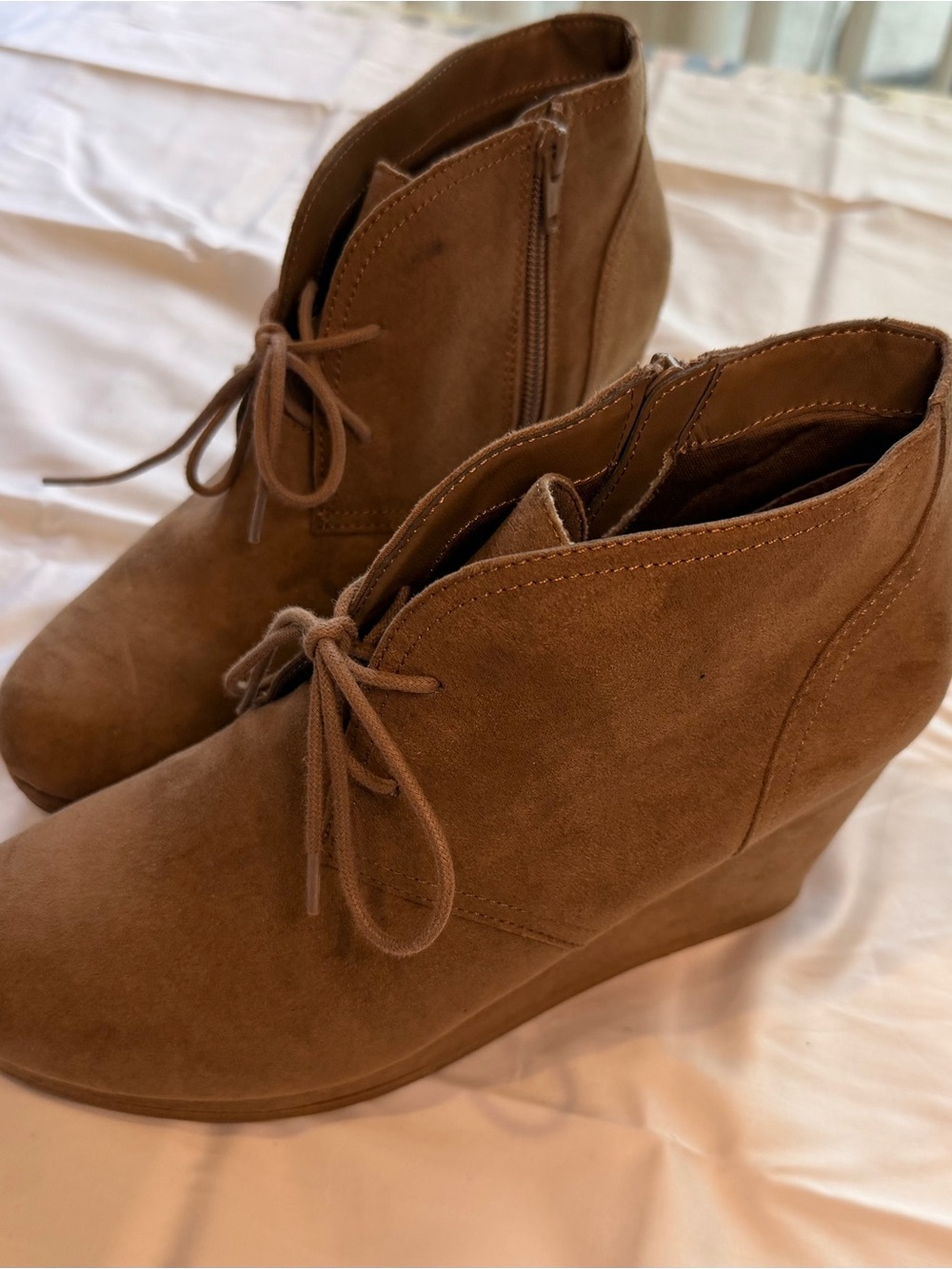 Universal Thread Tan Suede Lace-Up Wedge Booties